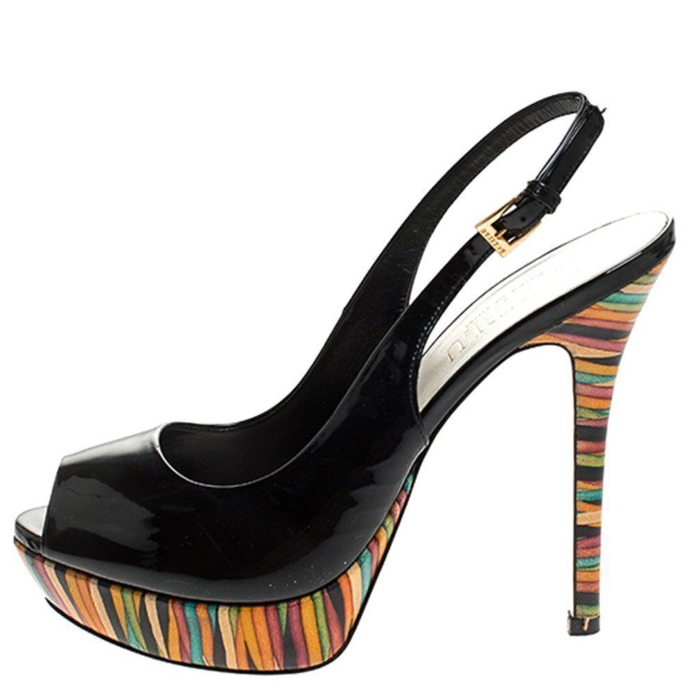 Loriblu Black Patent Leather Peep Toe Slingback Sandals